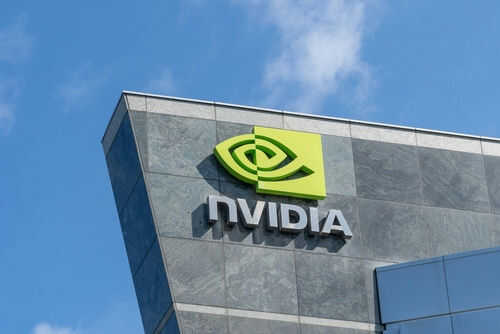 Nvidia logo on building against blue sky