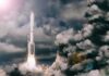 Rocket launches through dense clouds