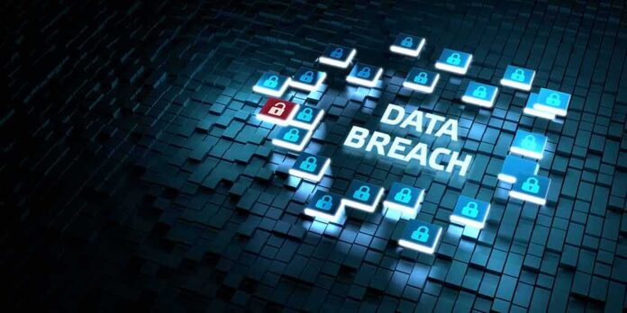 Cybersecurity concept with data breach alert and padlock icons