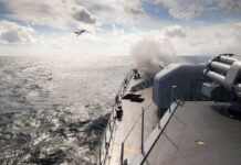 The Gulf Crisis Enters A Dangerous Phase Naval ship firing a weapon into the ocean with a plane flying overhead