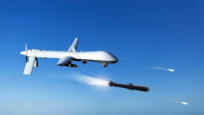 military drone firing missiles in clear blue sky