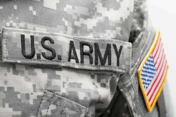 military uniform with embroidered name tape and flag patch