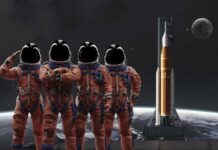 Could Astronauts Sleep Through A Mars Mission? Four astronauts in orange suits standing in front of a rocket with the moon in the background