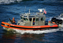 U.S. Coast Guard patrol boat speeding across the water