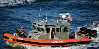 U.S. Coast Guard patrol boat speeding across the water