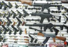 Wall display of assorted firearms in a gun shop