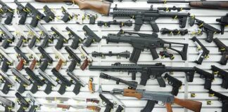 Wall display of assorted firearms in a gun shop