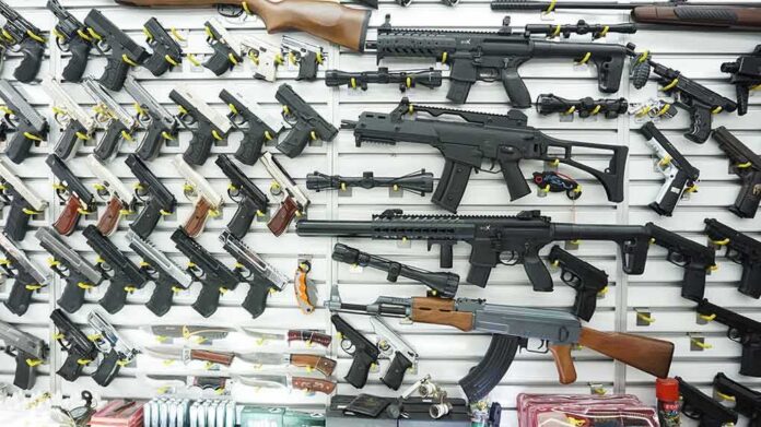 Wall display of assorted firearms in a gun shop