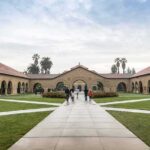 Courtyard with stone arcades and palm trees at a university campus