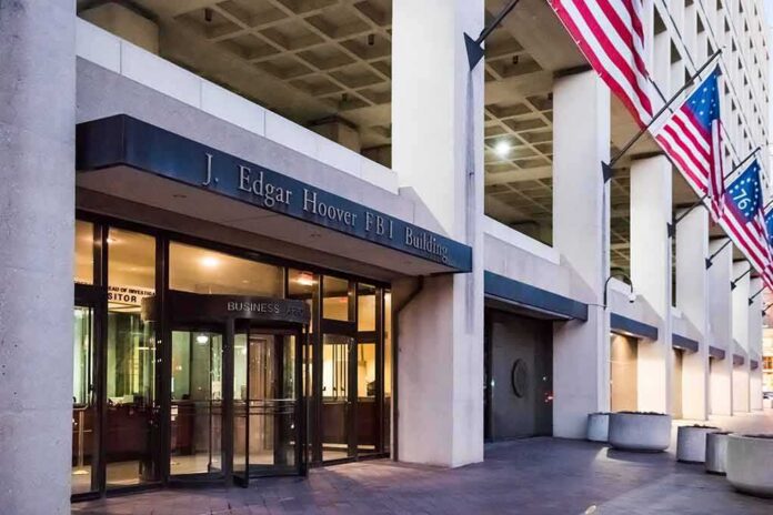 J. Edgar Hoover FBI Building entrance with American flags