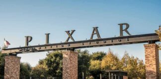Pixar Animation Studios entrance gate with brick pillars