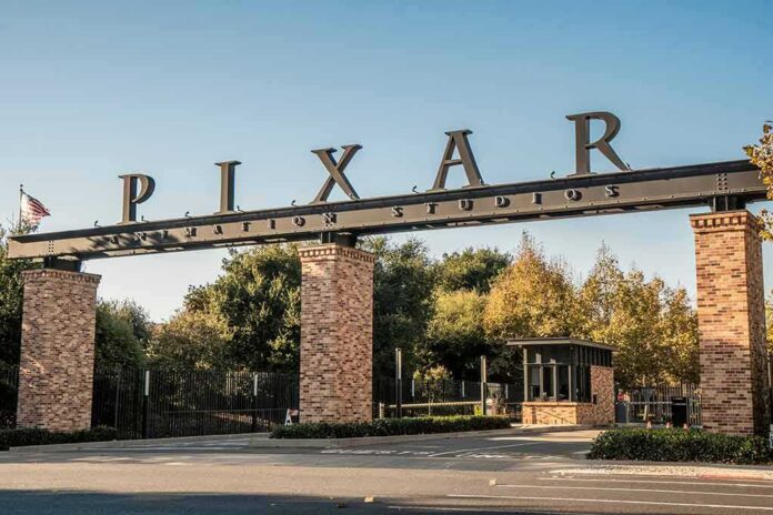 shutterstock_1244441050 Pixar Animation Studios entrance gate with brick pillars
