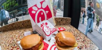 Chicken sandwiches on a speckled countertop by a window