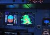 aircraft cockpit displays with attitude indicator and weather radar