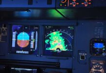 aircraft cockpit displays with attitude indicator and weather radar