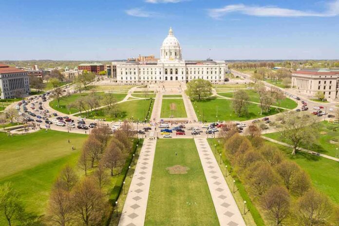State capitol building with dome and surrounding lawns