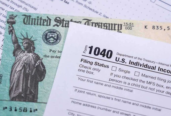 shutterstock_1913449816 U.S. tax form 1040 beside a Treasury check