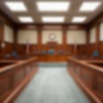 Empty courtroom with wooden benches and judge's bench