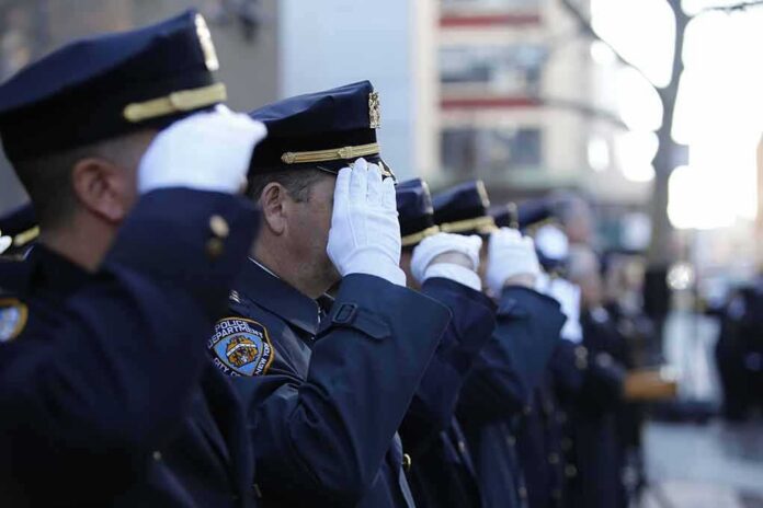 uniformed police officers salute in formation outdoors