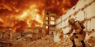 Person in gas mask exploring ruined buildings under fiery sky