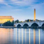 Arlington Memorial Bridge with Lincoln Memorial and Washington Monument at dusk