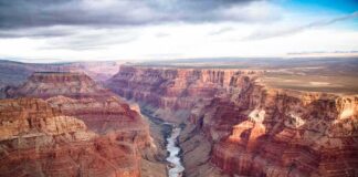 Grand Canyon with river winding through layered red cliffs