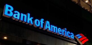 Bank of America branch exterior at night