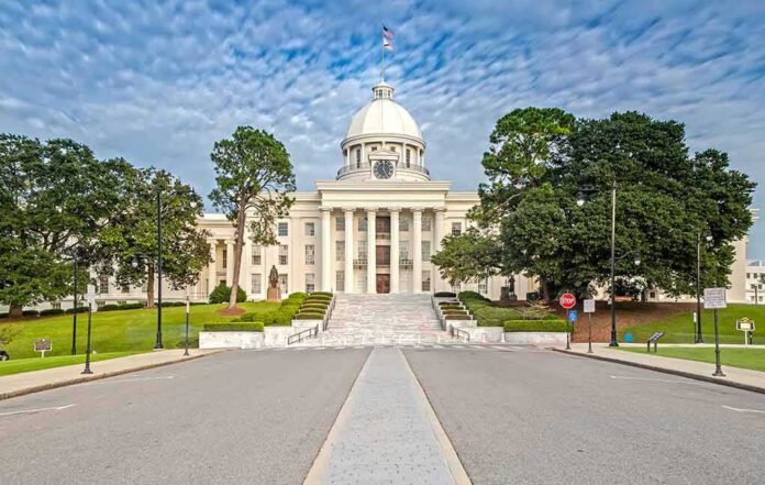 State capitol building with white dome and columns