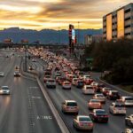 Evening traffic jam on a multi-lane city highway