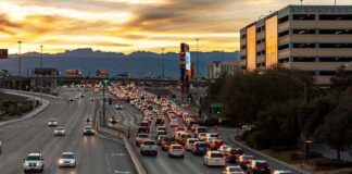 Evening traffic jam on a multi-lane city highway
