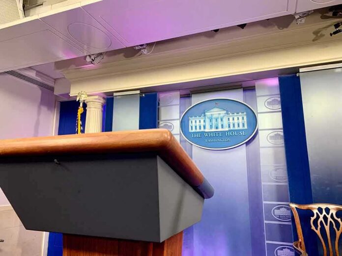 shutterstock_1571881333 Podium in White House press briefing room