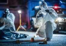 forensic investigators at nighttime crime scene