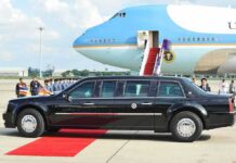Pop Star Jumps On Trump’s Jet Presidential limousine beside a large blue-and-white jet on a runway