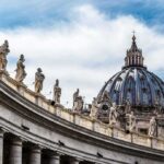 St. Peter's Basilica dome with statues along colonnade